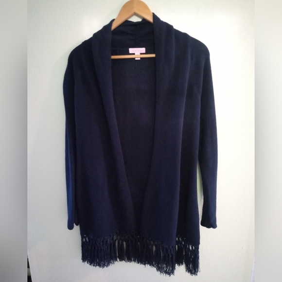 ❌❌SOLD ❌ ❌ Lilly Pulitzer Tatum Fringe Hem Navy Blue Open Cardigan | S - Picture 3 of 9